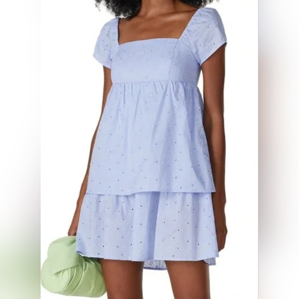 Mini Dress in Light Blue Eyelet with Square Neck